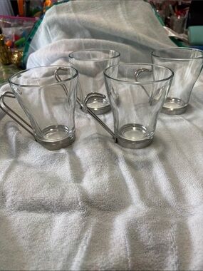 Clear Glass Coffee Cups with Silver Metal Handles - Set of 4